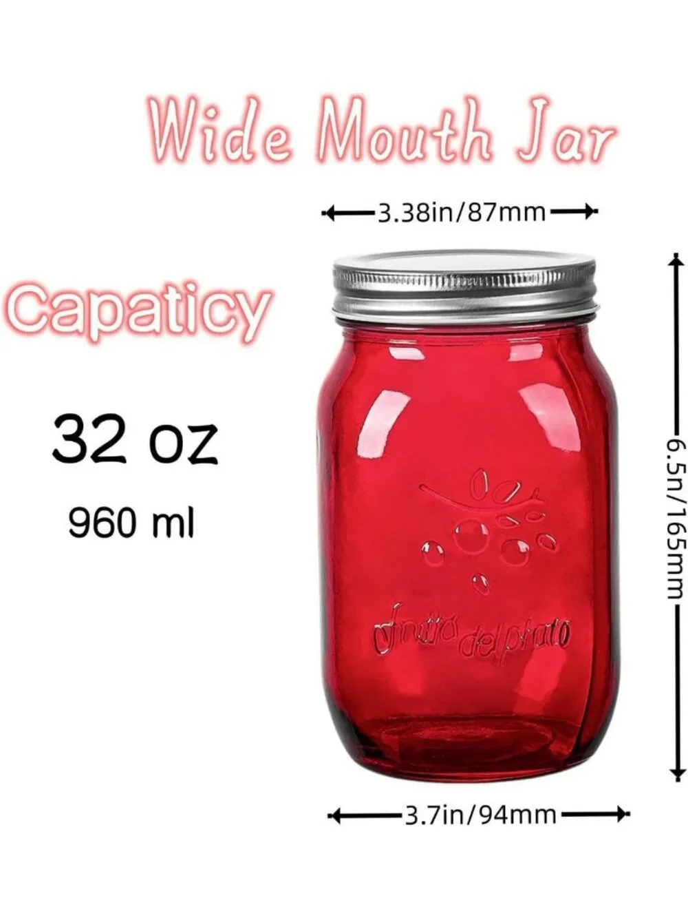 32oz Red Mason Jars (6 Pack) - Wide Mouth Quart for Canning, Storage, Pickling